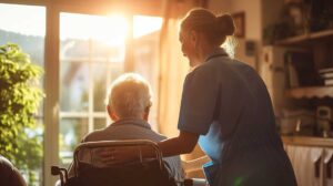 Older adults socializing in a well-lit common area with comfortable seating and indoor plants