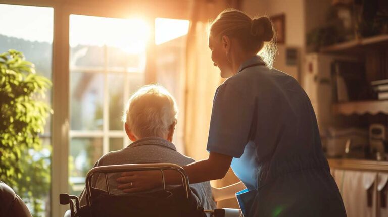 Older adults socializing in a well-lit common area with comfortable seating and indoor plants